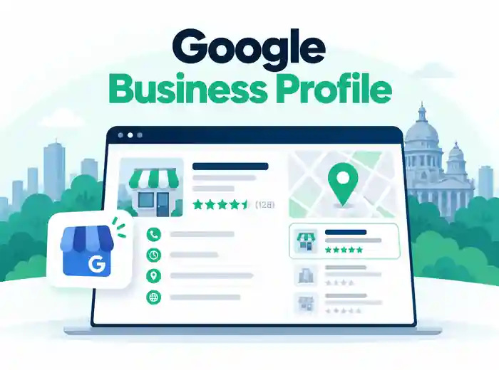 Illustration of a Google Business Profile listing with business details, ratings and a location map