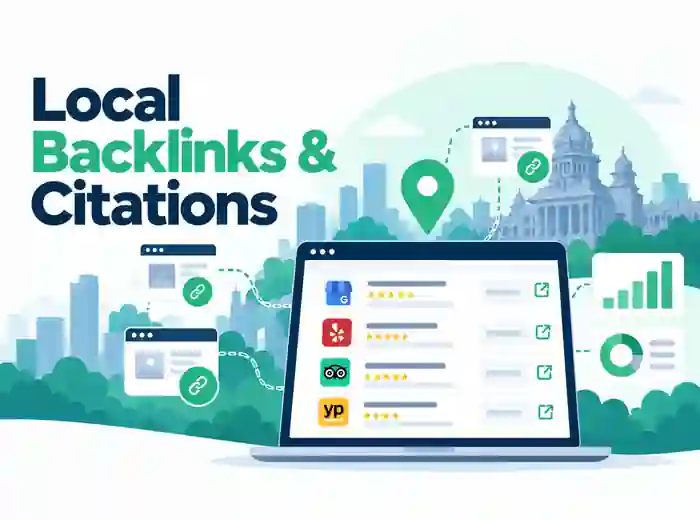 Illustration of local business citations and backlinks connecting directory listings and websites