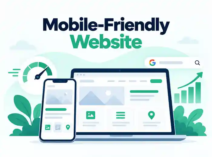 Illustration of a mobile-friendly website displayed on a smartphone and laptop